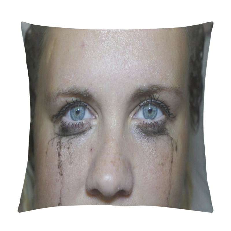 Personality  Flowed Mascara On The Blue Eyes Of The Girl. Wet Girl With Leaki Pillow Covers