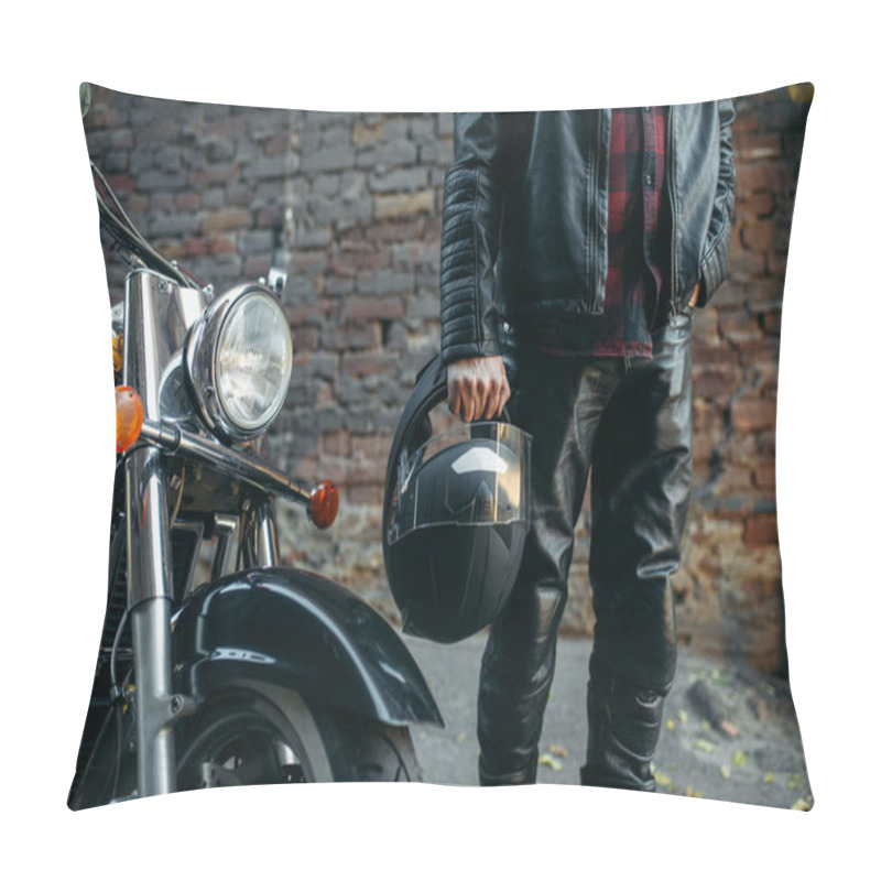 Personality  Biker In Leather Jacket With Helmet In Hand Near Classical Chopper. Vintage Bike Rider And Power Motorcycle Pillow Covers