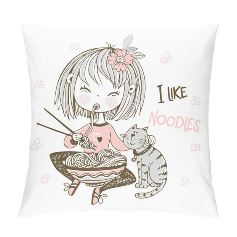 Personality  Cute Little Girl Eating Chopsticks Noodles. Vector. Pillow Covers