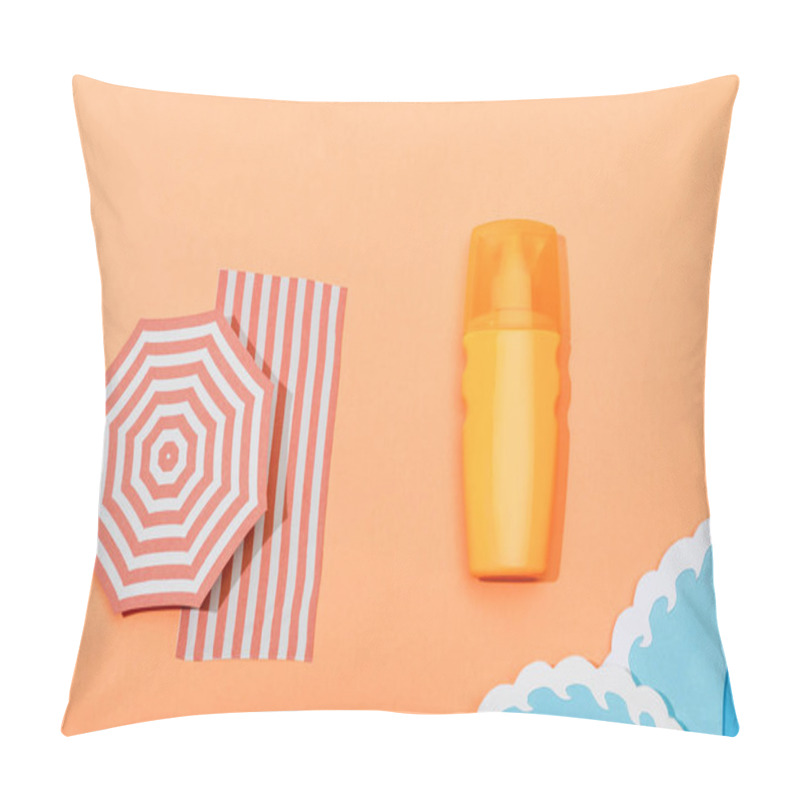 Personality  Top View Of Dispenser Bottle Of Sunscreen With Paper Cut Sea Waves On Orange Background Pillow Covers