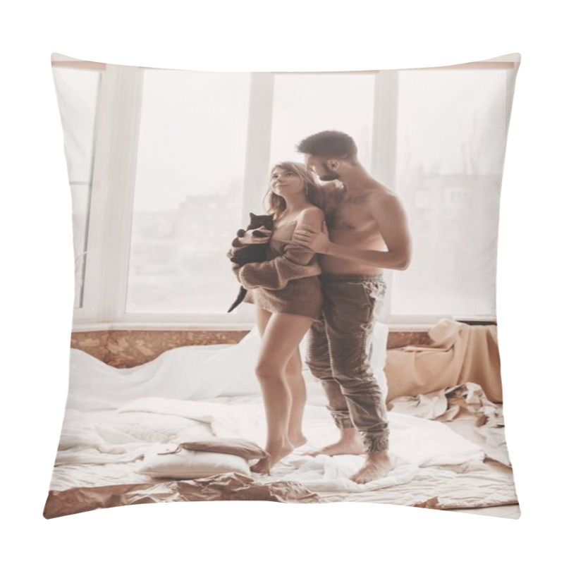 Personality  Stay At Home Awareness Social Media Campaign And Coronavirus Prevention. Happy Loving Couple Play With Her Kitten At Home   Pillow Covers