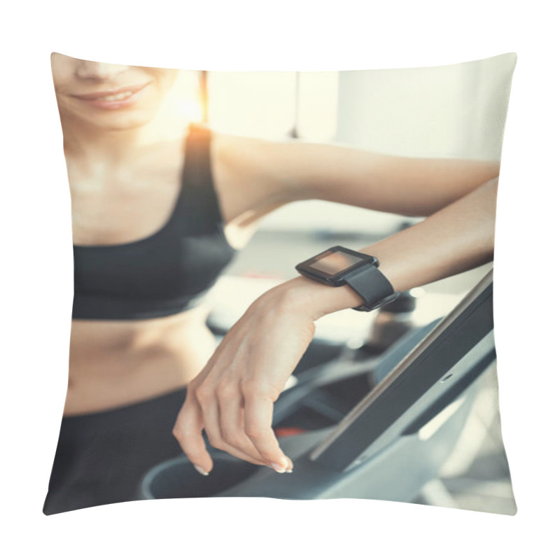 Personality  Young Attractive Woman Resting After Workout On Treadmill  Pillow Covers