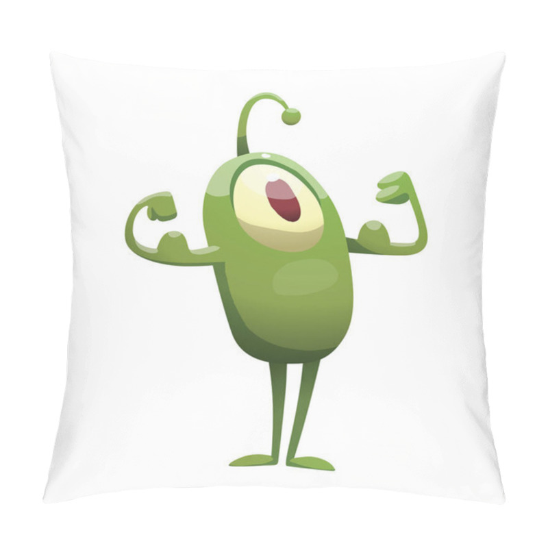 Personality  Funny green microbe showing muscles pillow covers