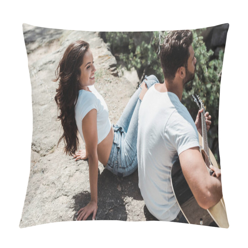 Personality  Overhead View Of Bearded Man Playing Acoustic Guitar Near Cheerful Woman  Pillow Covers