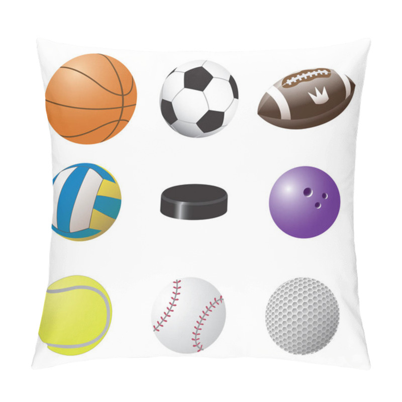 Personality  Colorful Vector Set Of Sport Balls Images: Volleyball, Basketball, Football, American Football, Bowling, Baseball, Tennis, Golf And Hockey Puck Pillow Covers