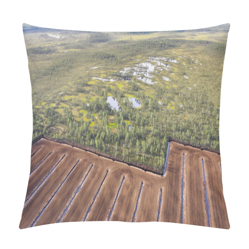 Personality  Aerial View To The Bog Landscape With The Remaining Natural Elements And Destroyed Area By Peat Extraction. Pillow Covers