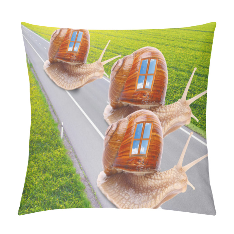 Personality  Funny Picture Of A Snails With Mobile Home On The Road. Easy Travel Metaphor. Pillow Covers