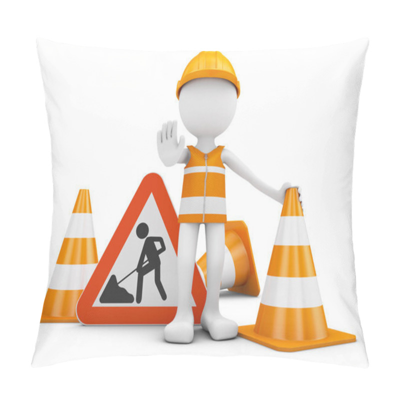 Personality  Road Worker And Traffic Sign With Cones. 3d Rendering. Pillow Covers