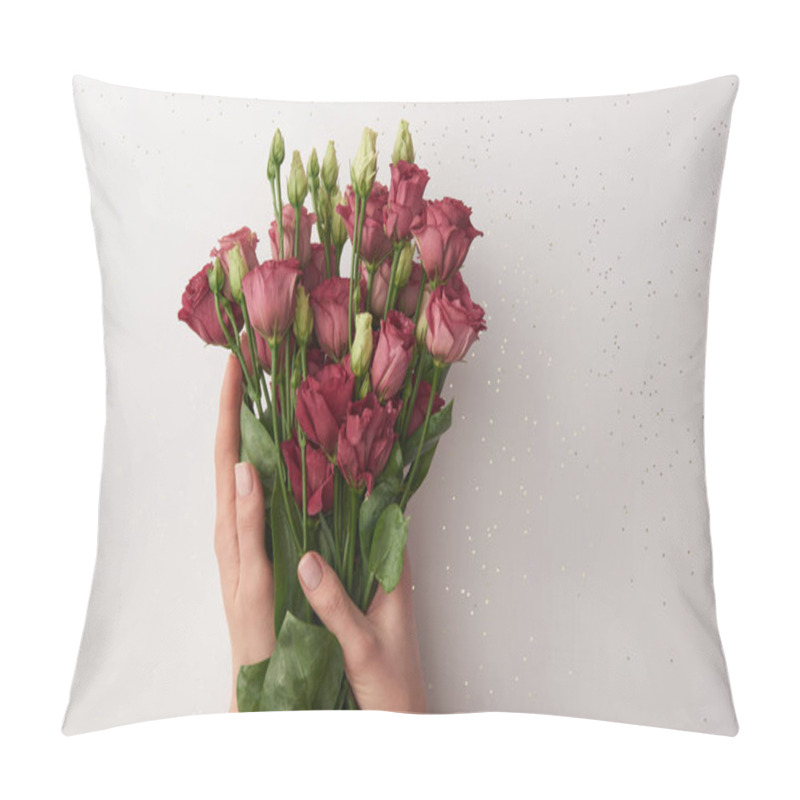 Personality  Cropped Shot Of Woman Holding Beautiful Red Eustoma Flowers Isolated On Grey Pillow Covers