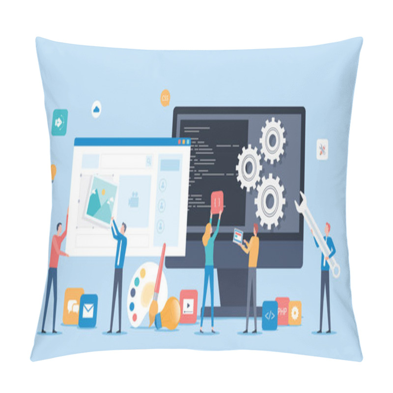 Personality  Web Design And Mobile Application Design Process Concept With Designer And Developer Team Working Concept Pillow Covers