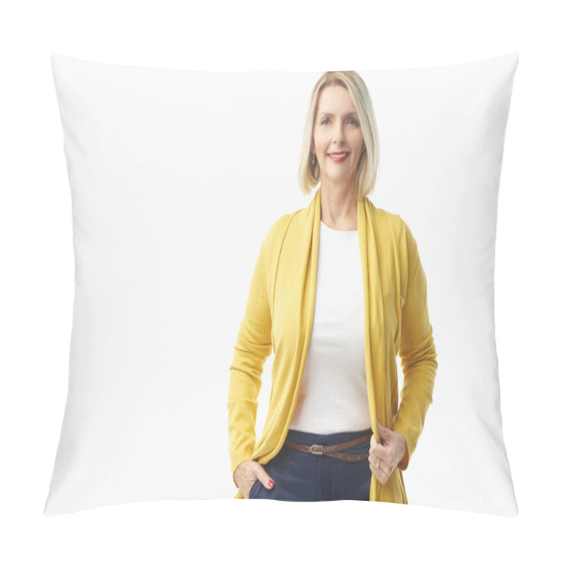 Personality  Beautiful Smiling Elderly Lady Wearing Casual Clothes While Standing At Isolated White Background.  Pillow Covers