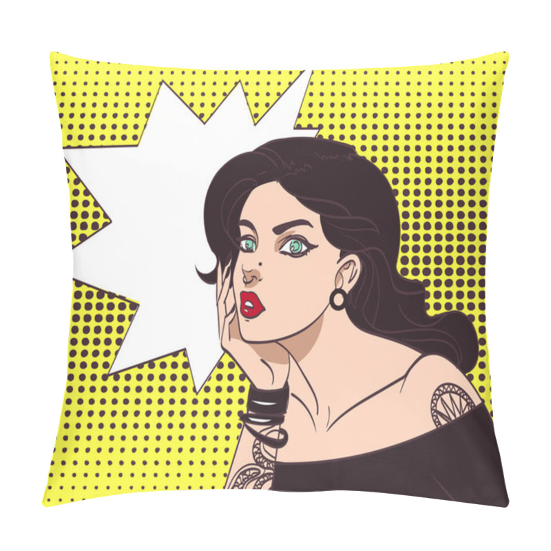 Personality  Vector Beautiful Gothic Punk Hipster Girl In Pop Art Style With Tatoo And Speech Wow Bubble. Eps 10 In Many Layers For Your Need Pillow Covers