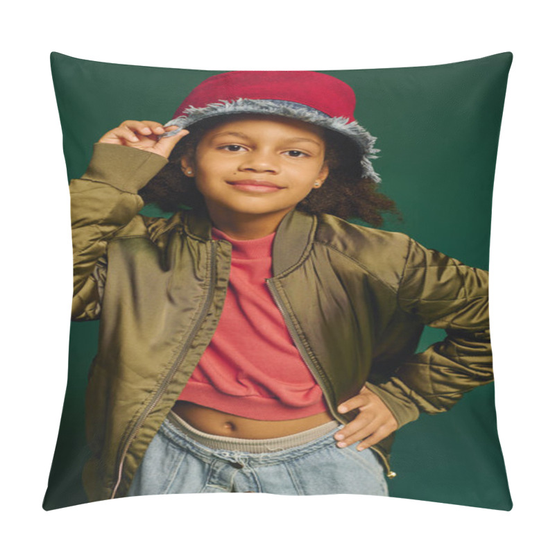 Personality  Young Girl In Vibrant Clothing Poses Joyfully, Radiating Holiday Spirit And Style. Pillow Covers