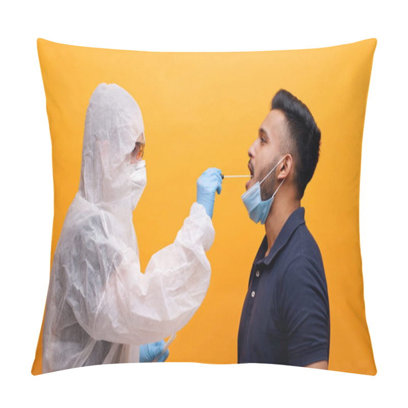 Personality  Health Worker In Protective Suit Taking Oral Swab From A Potentially Infected Guy Pillow Covers