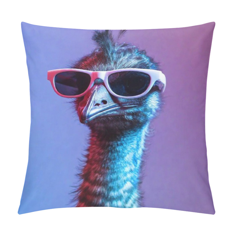 Personality  Portrait Of Fashionable Emu Bird Wearing Sunglasses In Neon Lights Isolated On Solid Background Pillow Covers