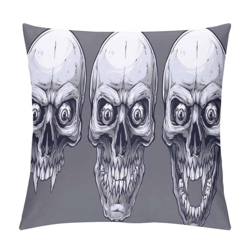 Personality  Detailed Graphic Realistic Cool Black And White Human Skulls With Sharp Canines And Crazy Eyes . On Gray Background. Vector Icon Set. Pillow Covers