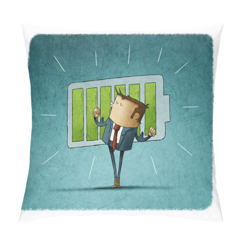 Personality  A Happy Man With His Arms Raised Because He Just Charged His Battery. Concept Of Strength And Success. Illustration Pillow Covers