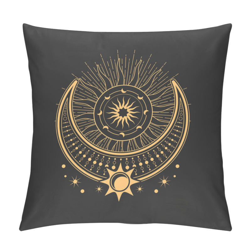 Personality  Crescent And Moon Esoteric Occult Symbols, Magic Tarot Sign. Occultism, Alchemy And Astrology Sacred Religion Mystic Emblem. Vector Wiccan Amulet With Sun, Stars And Moon With Radiant Rays Pillow Covers