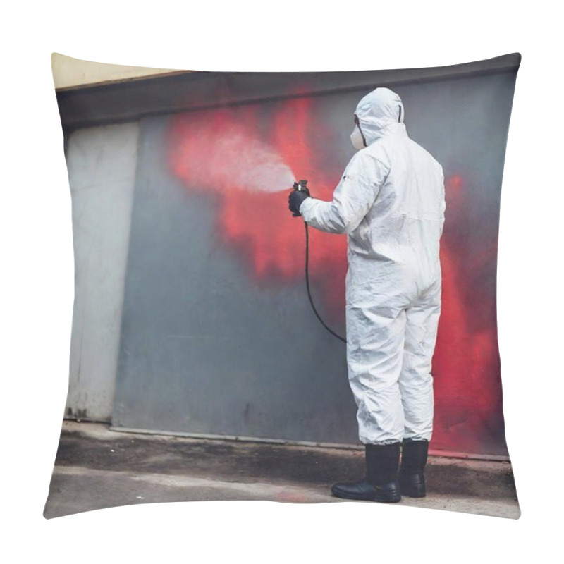 Personality  Man In Protective Mask Painting The Street With A Spray Gun In His Hand. Pillow Covers