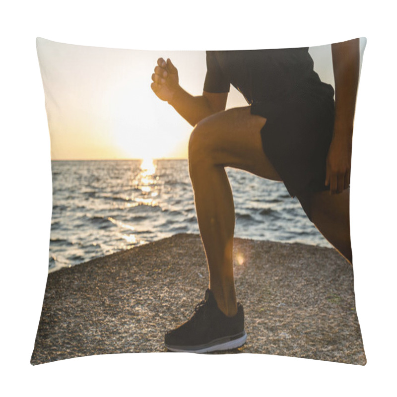 Personality  Cropped Shot Of Sportsman Doing Lunges During Training On Seashore In Morning Pillow Covers