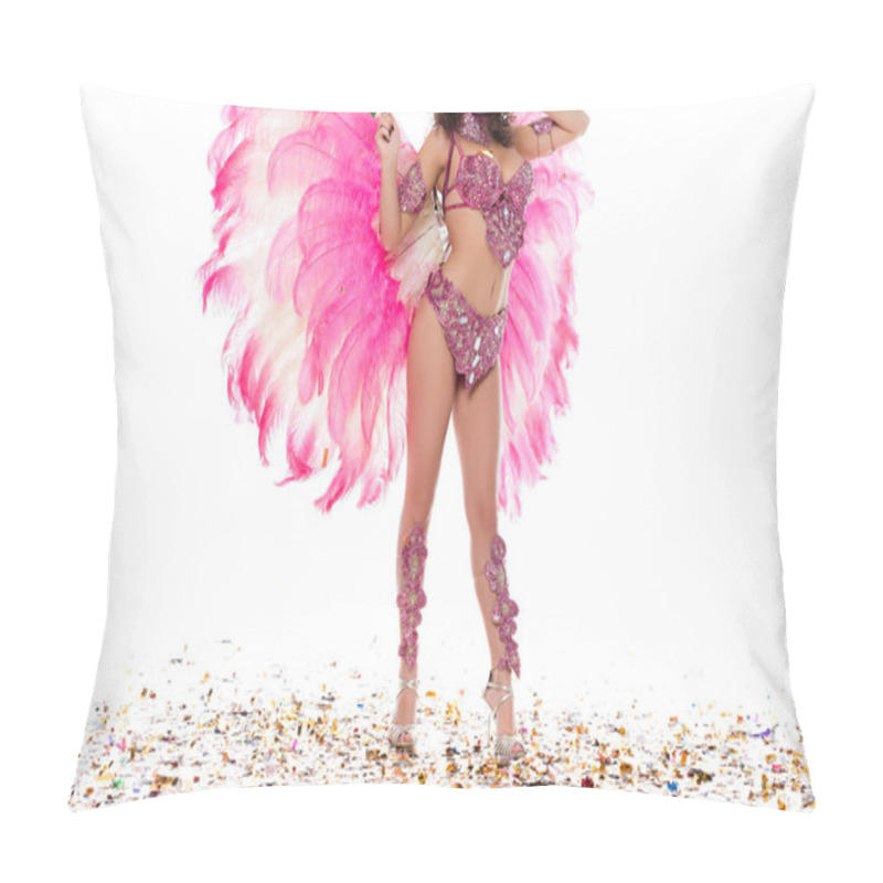 Personality  Bright Woman In Carnival Costume With Pink Feathers Dances With Flag Of Brasil Isolated On White Pillow Covers