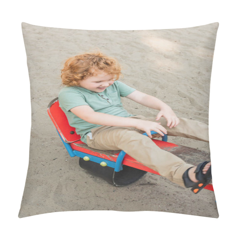 Personality  High Angle View Of Cheerful Boy Riding Seesaw In Amusement Park Pillow Covers