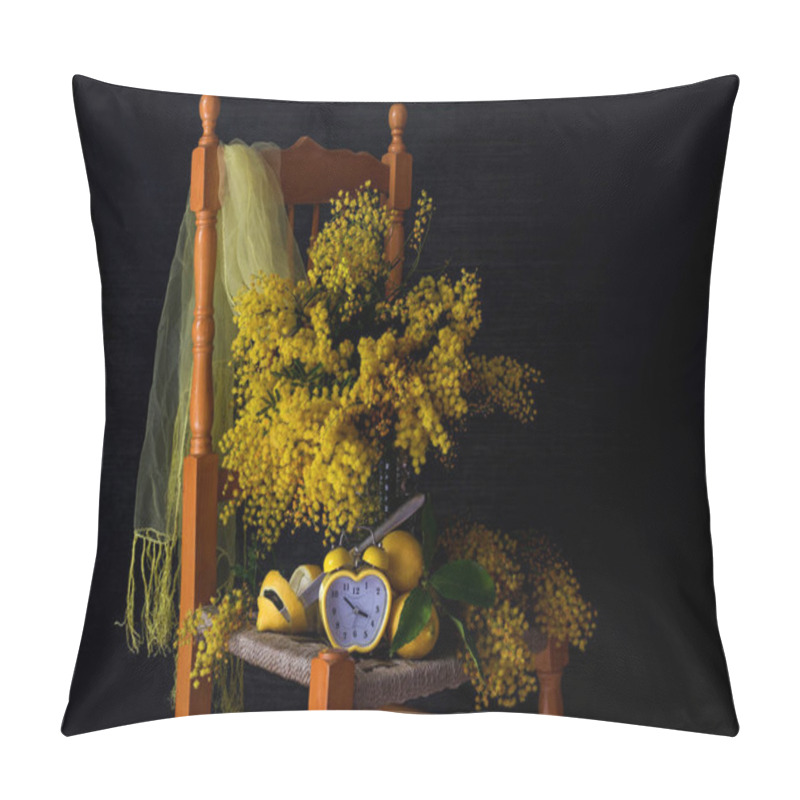 Personality  Still Life With Fresh Branches Of Mimosa, Lemons And Yellow Clock On A Wooden Chair Close-up. Pillow Covers