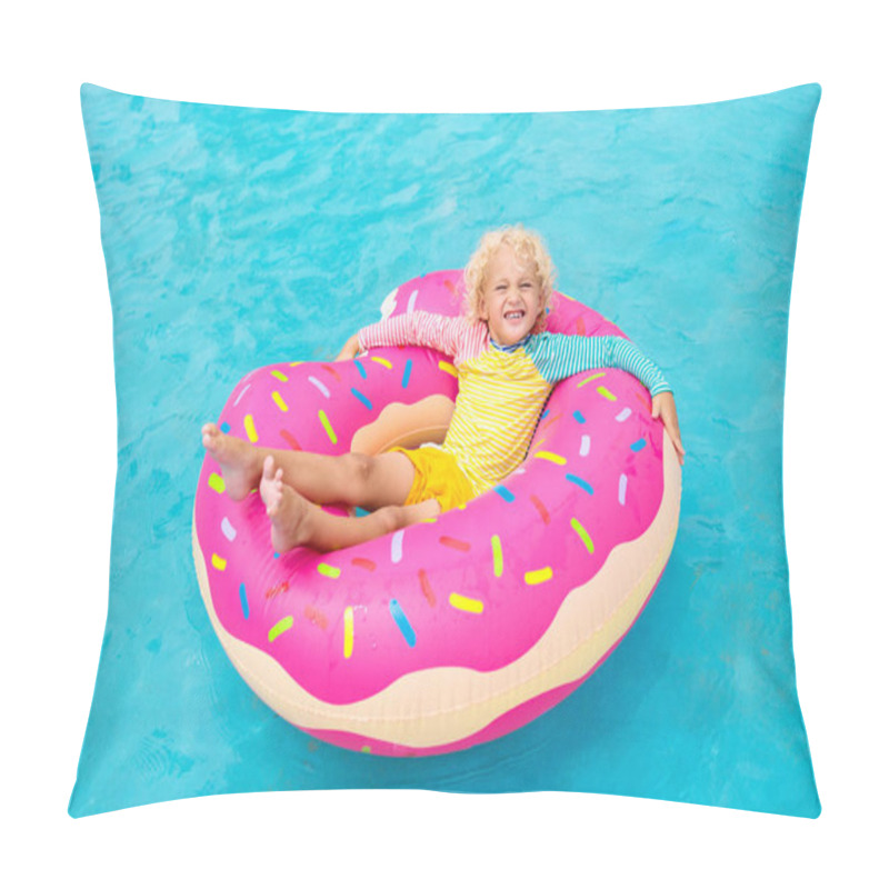 Personality  Child In Swimming Pool On Funny Inflatable Donut Float Ring. Little Boy Learning To Swim In Outdoor Pool Of Tropical Resort. Water Toys For Kids. Healthy Sport Activity For Children. Sun Protection.  Pillow Covers