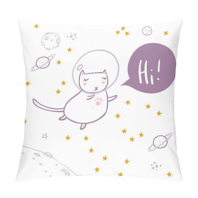 Personality  Cute Cat Flying In Space Surrounded By Stars, Planets. Asteroids. Hi Hand Lettering. Simple Sweet Kids Nursery Illustration. Graphic Design For Apparel. Pillow Covers