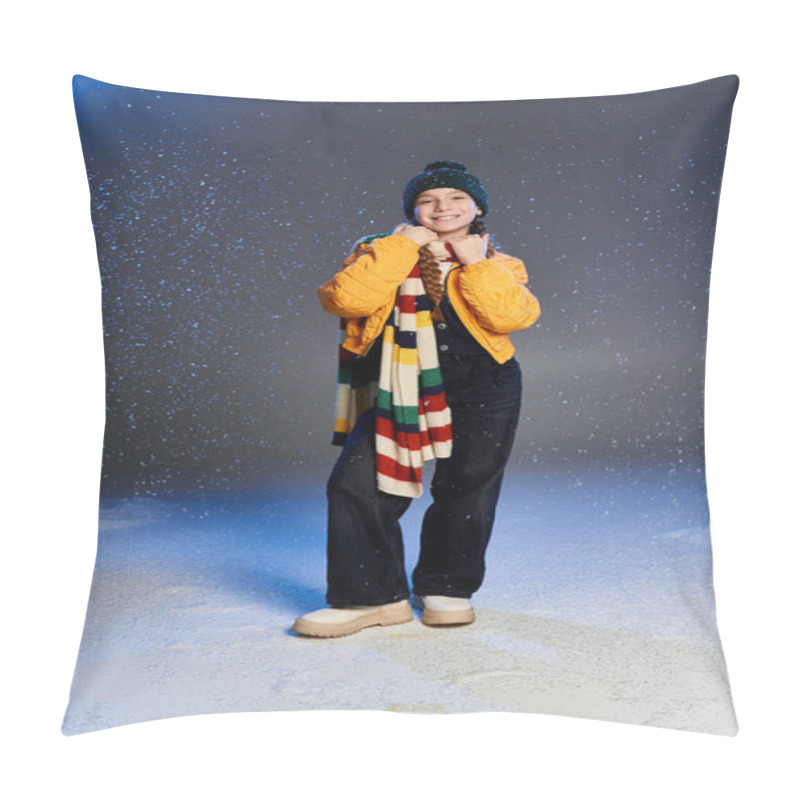 Personality  A Girl Dressed In Warm Winter Clothing Shines With Joy While Snowfall Dances Around Them. Pillow Covers