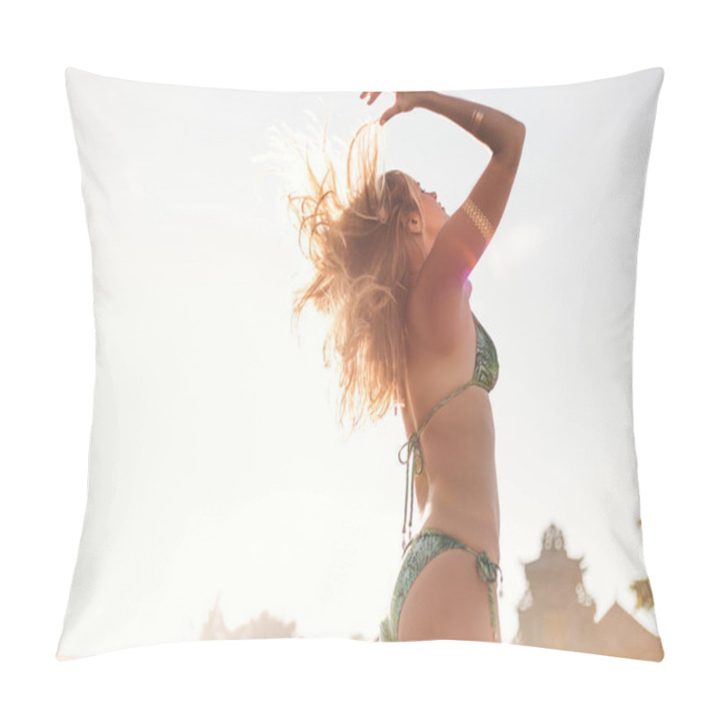 Personality  Side View Of Beautiful Young Woman In Bikini Playing With Hair With Sunlight On Background Pillow Covers