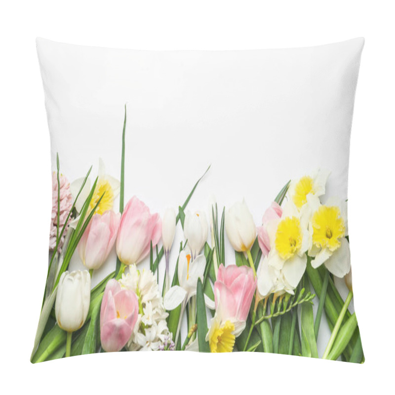 Personality  Beautiful Spring Flowers On White Background, Top View Pillow Covers