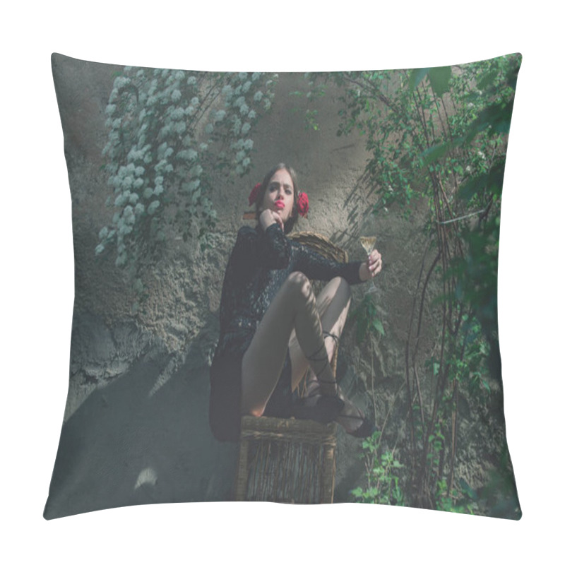 Personality  Girl With Red Lips Sitting With Wine Glass Pillow Covers