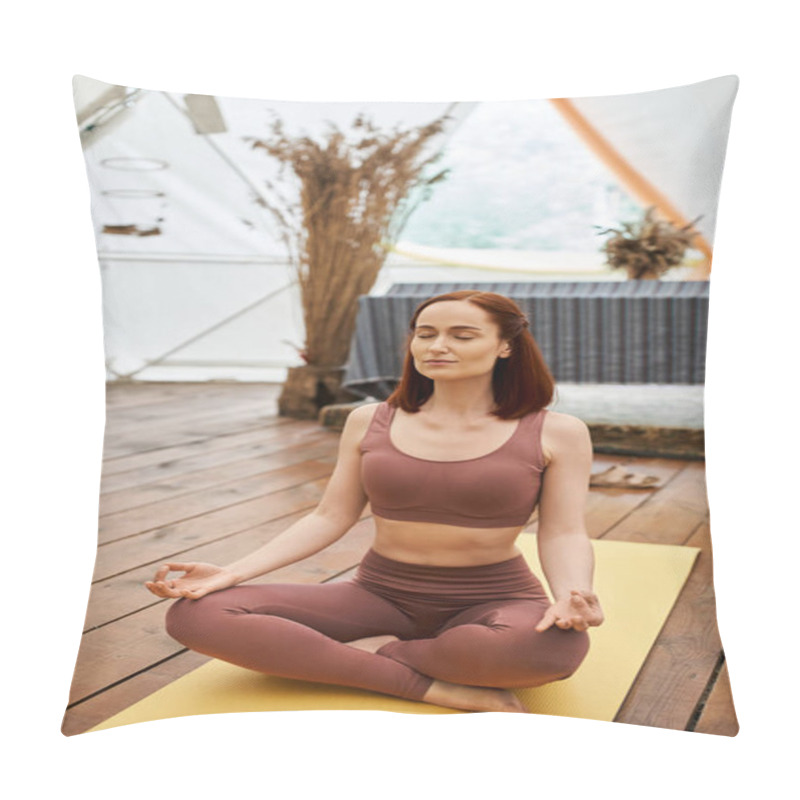 Personality  Woman In Sportswear Meditating In Lotus Pose With Closed Eyes In Retreat Center, Tranquility Pillow Covers