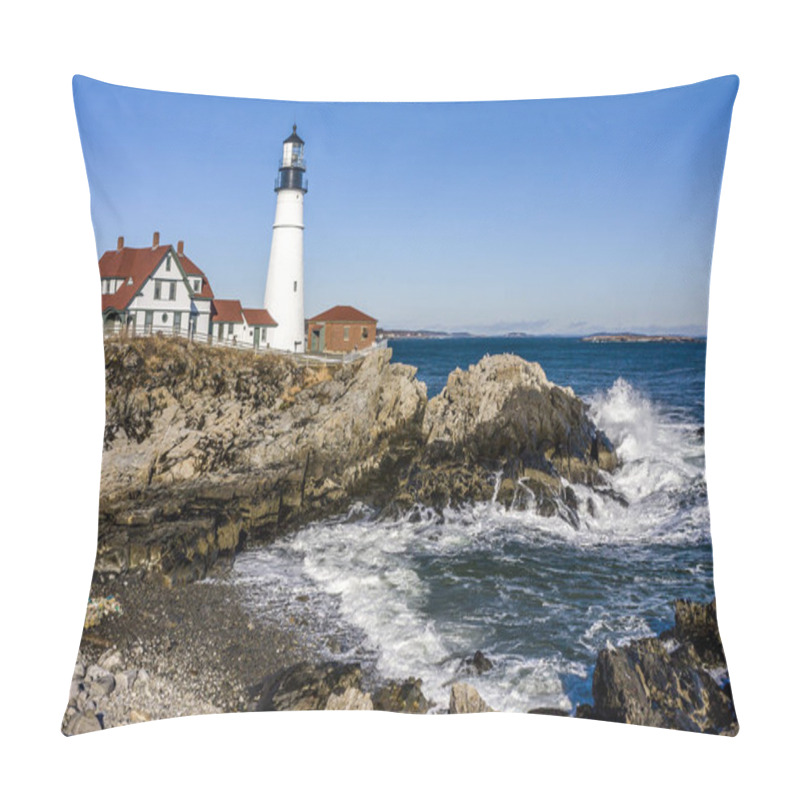 Personality  Portland Head Light, Is A Historic Lighthouse In Cape Elizabeth, Maine. In The Early Morning  Pillow Covers