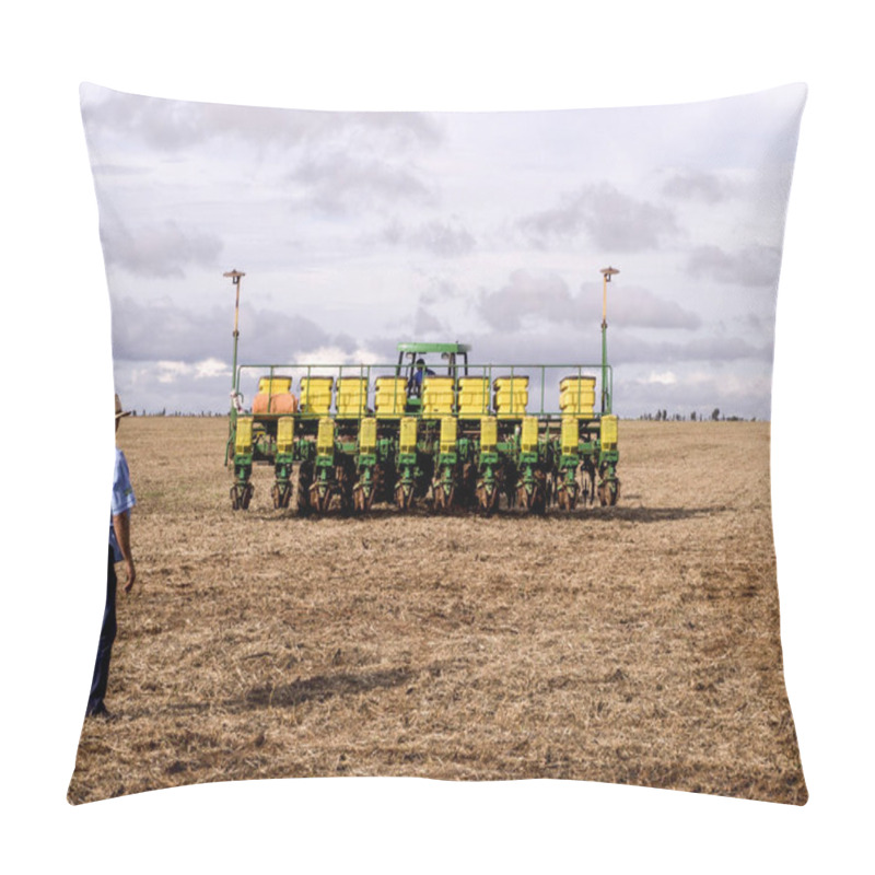 Personality  Mato Grosso, Brazil March 01, 2008. Tractor Pulling A Planter Planting Soy. Soybean Planting Season In Mato Grosso, Midwest Of Brazil Pillow Covers