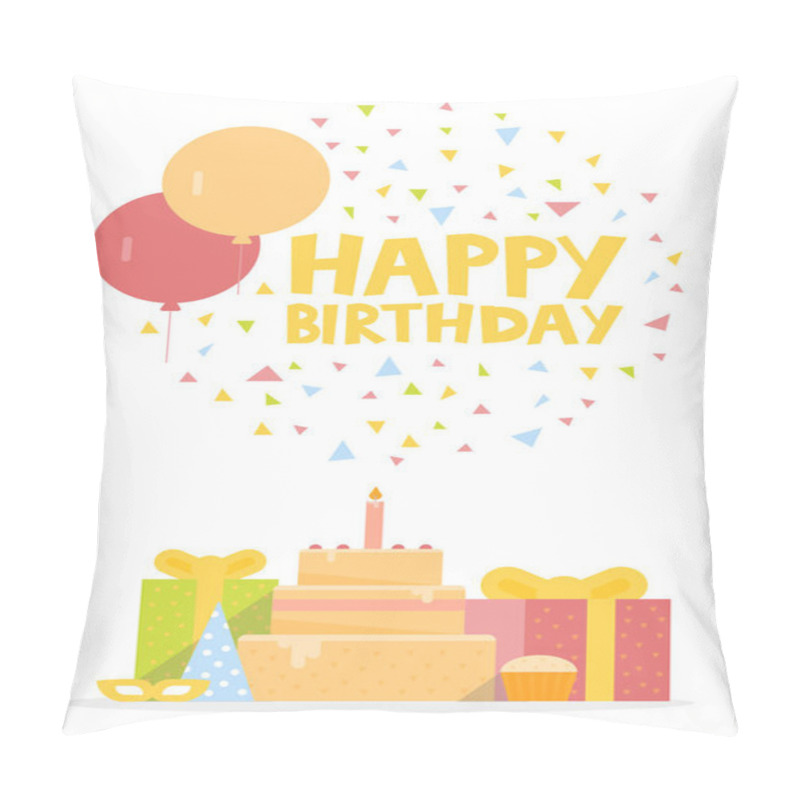 Personality  Happy Birthday Card Design With Ballons, Confetti, Cake And Gift Box. Vector Illustration Pillow Covers