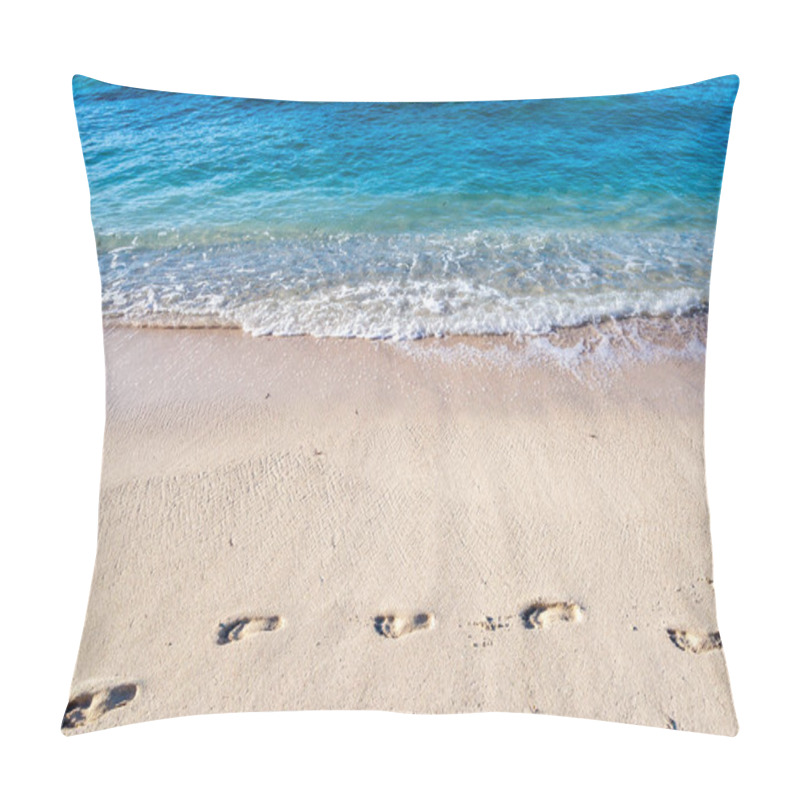 Personality  Footprints On A Sandy Caribbean  Beach, With The Sea Behind, On A Sunny Morning Pillow Covers