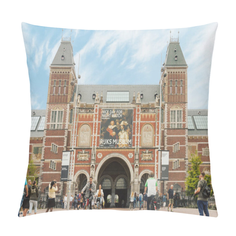 Personality  Amsterdam, Netherlands - August 23, 2018: Rijksmuseum Building Facade With Tourists And Cyclists On Bright Summer Day In Amsterdam, Netherlands Pillow Covers