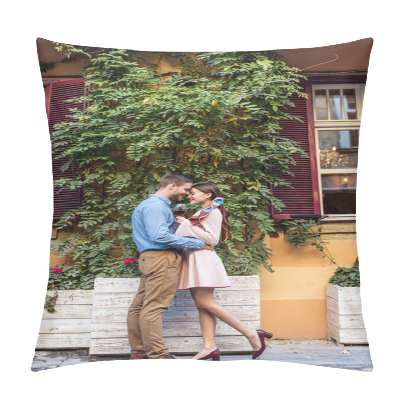 Personality  Side View Of Happy Young Couple Embracing While Standing Near House Covered With Green Ivy Pillow Covers