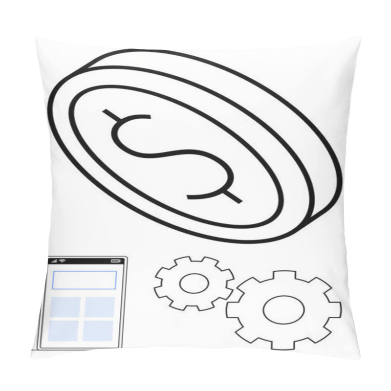 Personality  Dollar Coin, Smartphone With Interface, And Two Settings Gears. Ideal For Finance Apps, Fintech, Online Banking, App Design, Business Optimization Technical Support And Digital Services. Line Pillow Covers