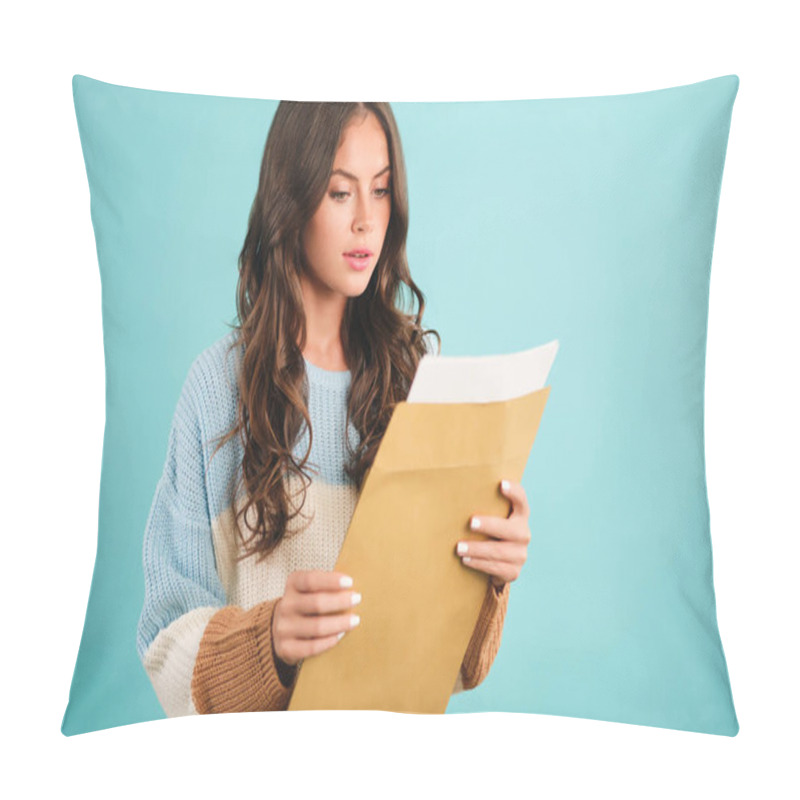 Personality  Attractive Girl In Cozy Sweater Thoughtfully Opening Response Envelope Over Blue Background Pillow Covers