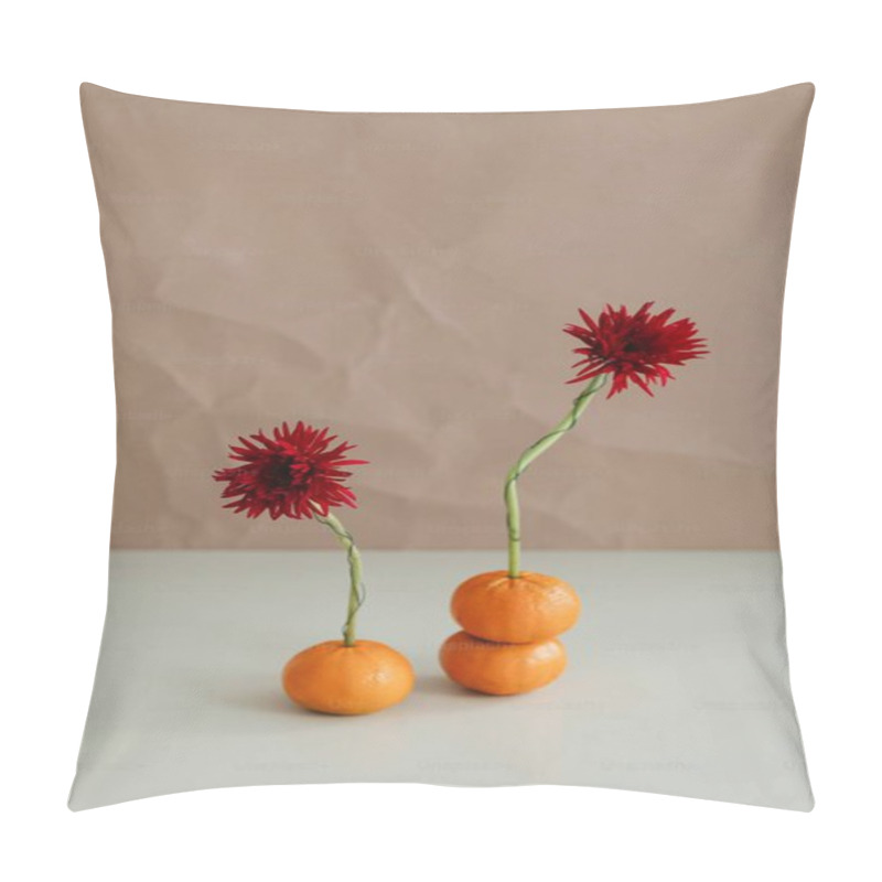 Personality  Vibrant Red Flowers Paired With Fresh Oranges Create A Lively Still Life. Pillow Covers