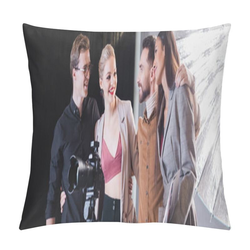 Personality  Panoramic Shot Of Smiling Photographer, Model, Stylist And Producer Hugging On Backstage  Pillow Covers