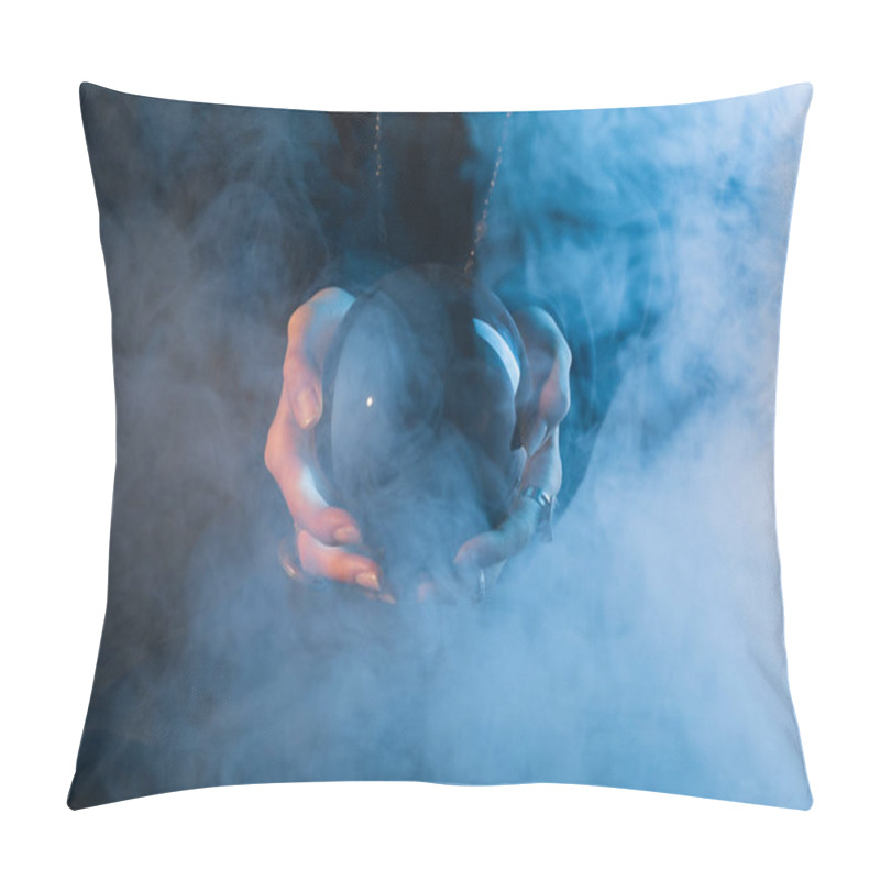 Personality  Partial View Of Female Hands With Crystal Ball And Smoke Around On Dark Blue Background Pillow Covers