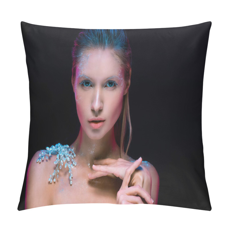 Personality  Attractive Woman With Creative Make Up In Winter Style Isolated On Black Pillow Covers