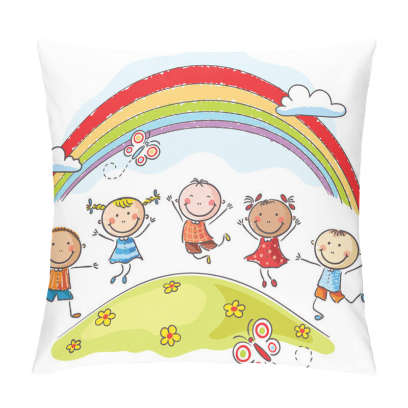 Personality  Kids Jumping With Joy Underneath A Rainbow Pillow Covers