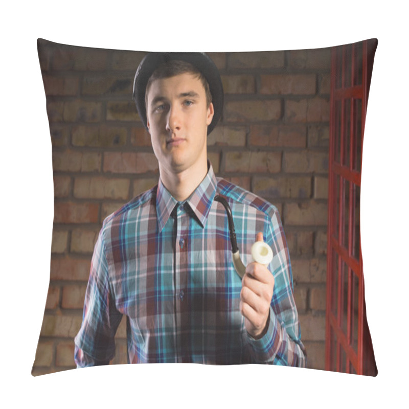 Personality  Young Man In Checkered Shirt Holding Smoking Pipe Pillow Covers