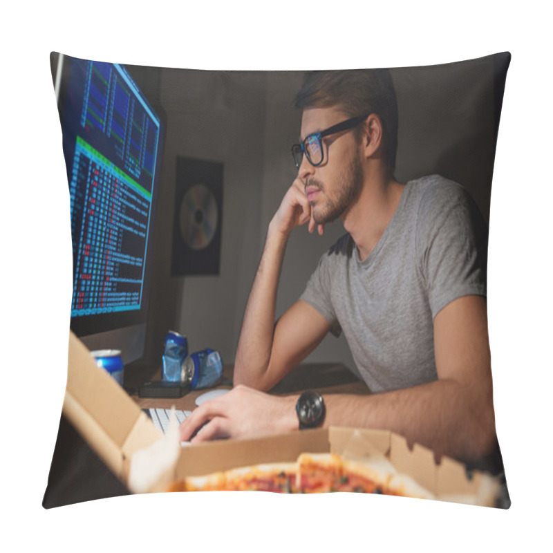 Personality  Pensive Young Developer In Glasses Coding At Home Pillow Covers