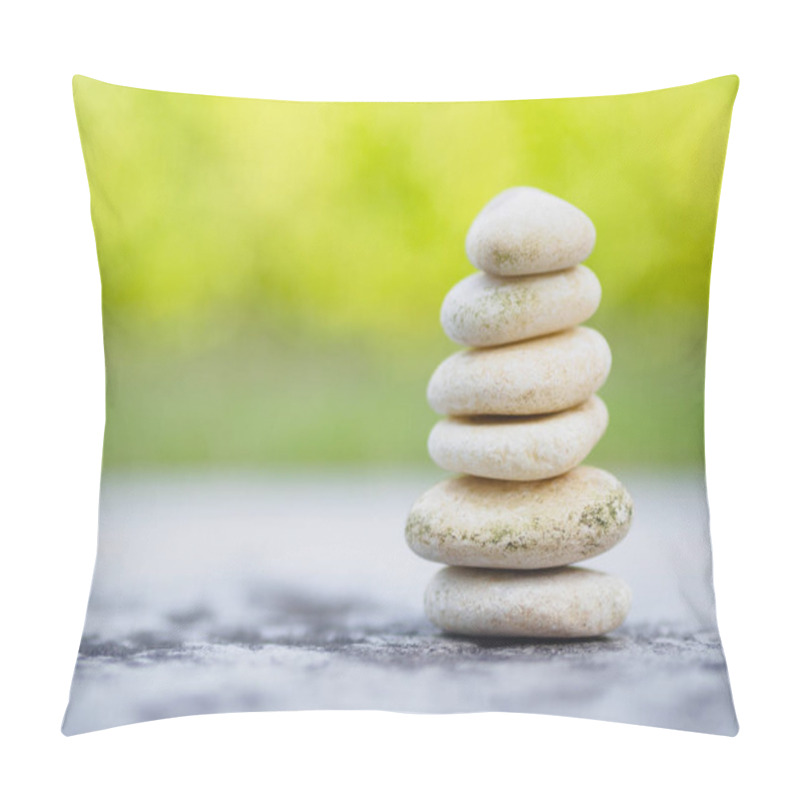 Personality  Balance Stones Stacked To Pyramid In The Soft Green Background To Spa Ideas Design Or Freedom And Stability Concept On Rocks. Pillow Covers